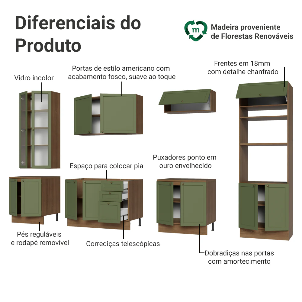 Armário de Cozinha Completa 340 cm Rustic/Verde Vik Madesa 01 - Image 4