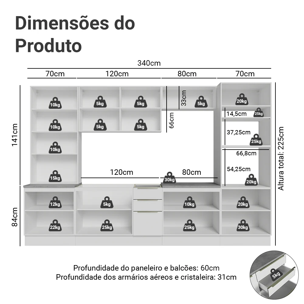 Armário de Cozinha Completa 340 x 60 cm Branco/Branco Veludo Lux Madesa 04 - Image 3