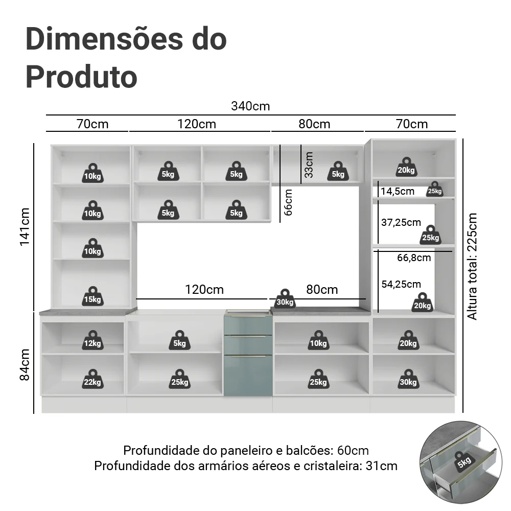 Armário de Cozinha Completa 340 x 60 cm Branco/Cinza Lux Madesa 04 - Image 3
