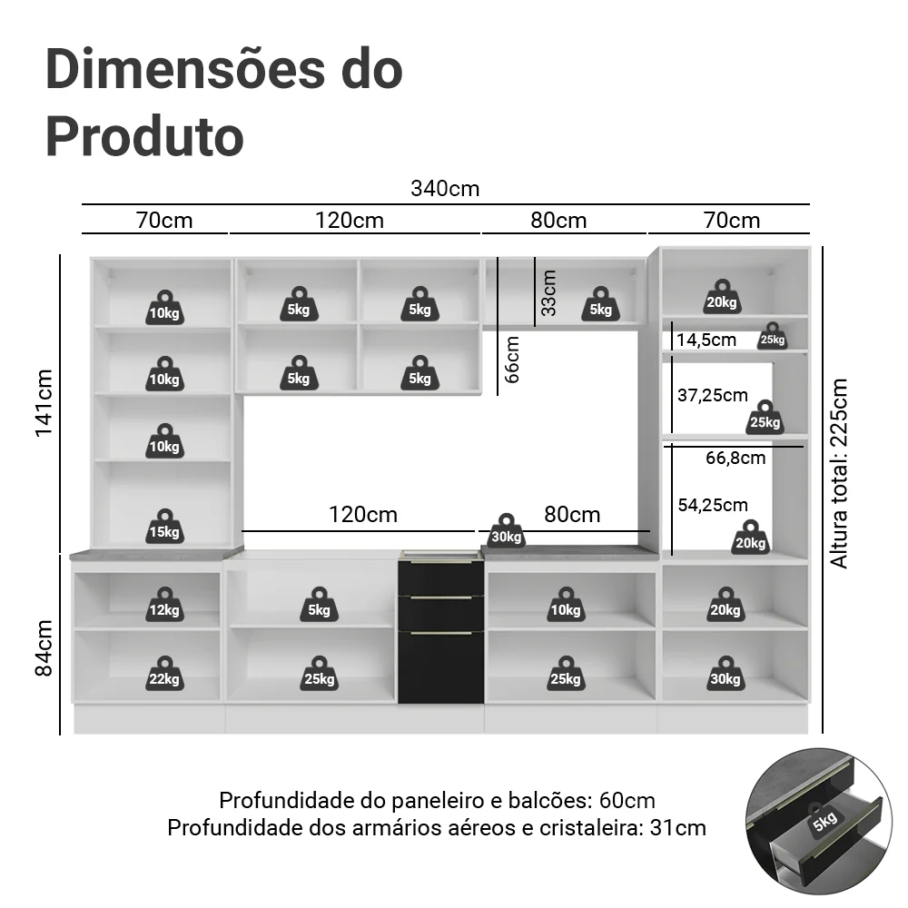 Armário de Cozinha Completa 340 x 60 cm Branco/Preto Lux Madesa 04 - Image 3