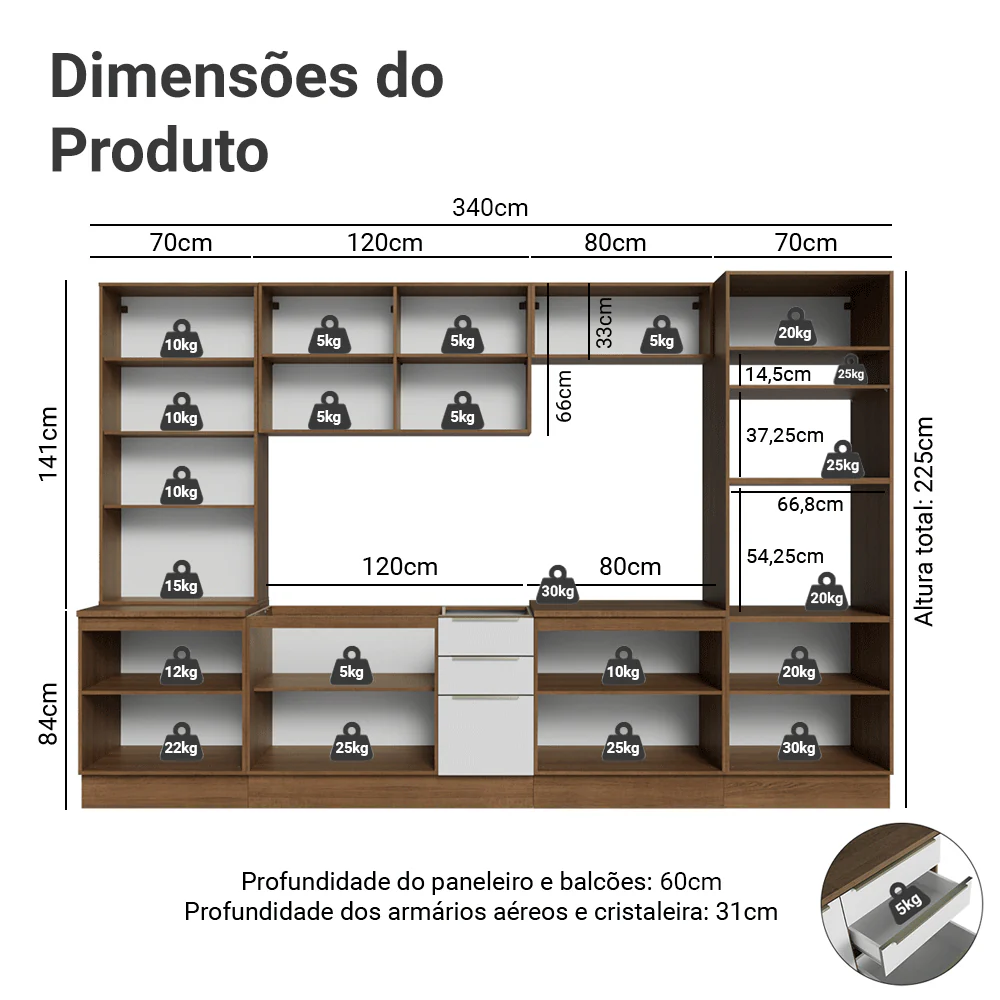 Armário de Cozinha Completa 340 x 60 cm Rustic/Branco Veludo Lux Madesa 04 - Image 3