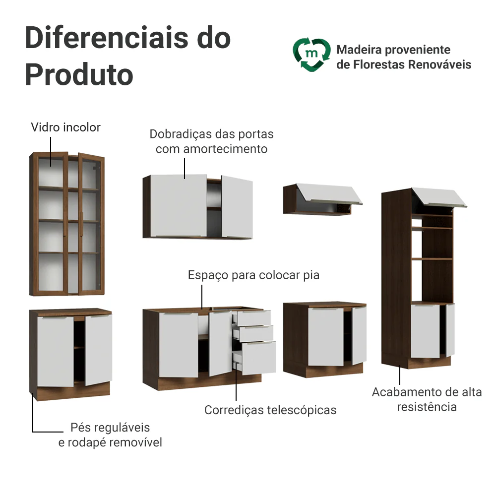 Armário de Cozinha Completa 340 x 60 cm Rustic/Branco Veludo Lux Madesa 04 - Image 4
