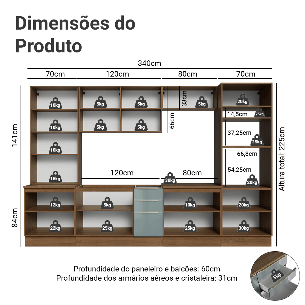 Armário de Cozinha Completa 340 x 60 cm Rustic/Cinza Lux Madesa 04 - Image 3