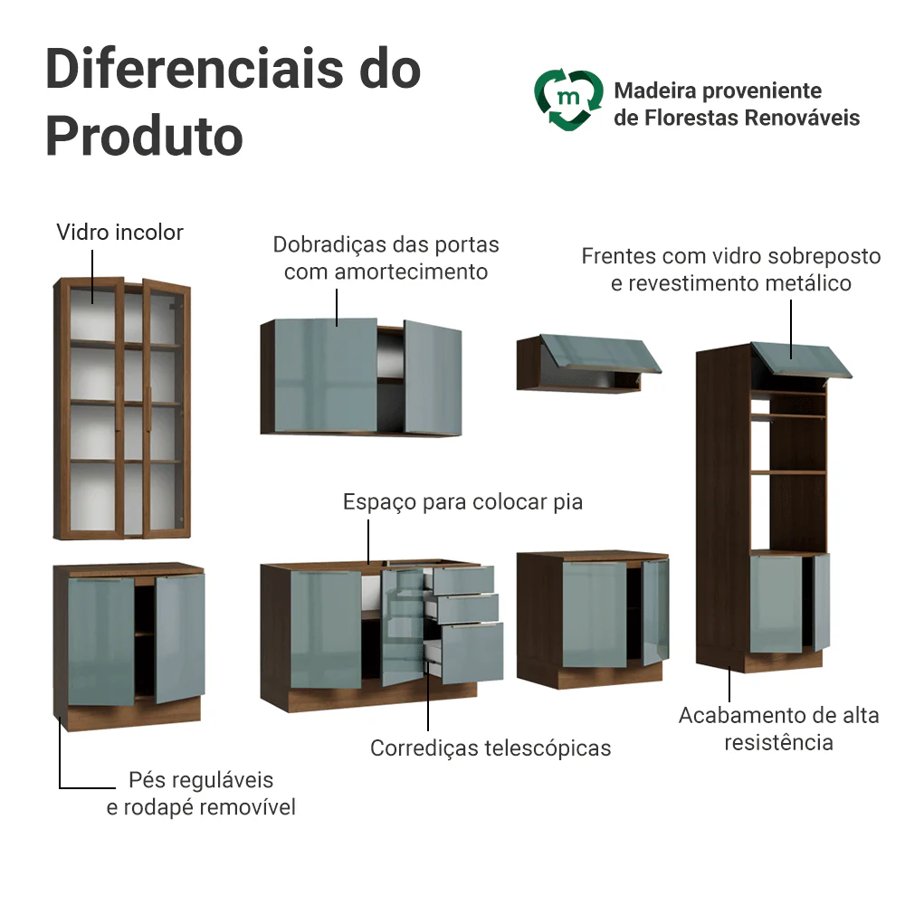 Armário de Cozinha Completa 340 x 60 cm Rustic/Cinza Lux Madesa 04 - Image 4