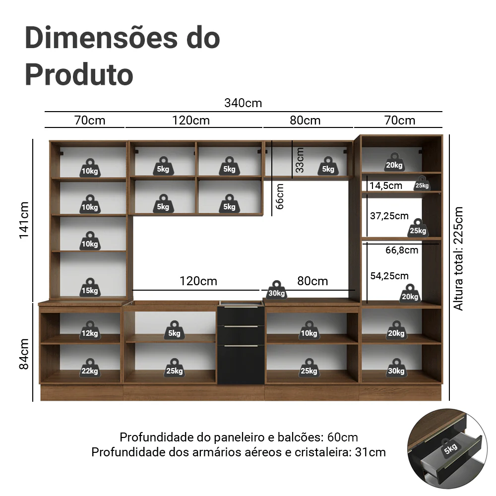 Armário de Cozinha Completa 340 x 60 cm Rustic/Preto Lux Madesa 04 - Image 3
