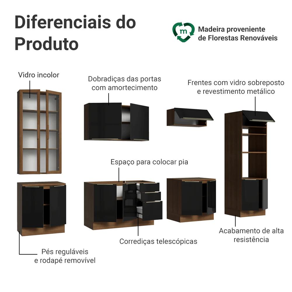 Armário de Cozinha Completa 340 x 60 cm Rustic/Preto Lux Madesa 04 - Image 4