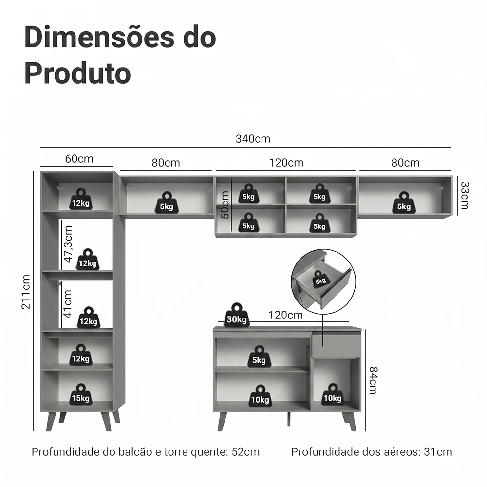 Armário de Cozinha Completa 340cm Cinza Nice Madesa 01 - Image 3
