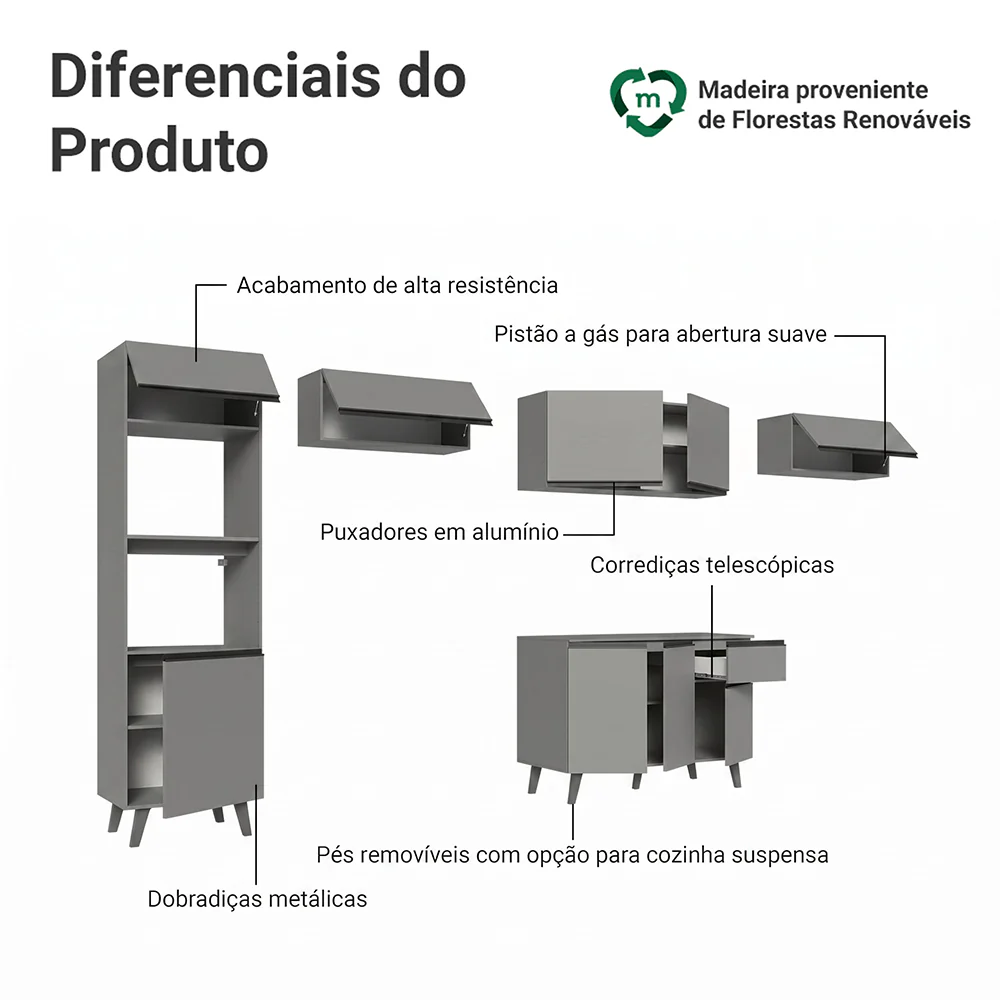 Armário de Cozinha Completa 340cm Cinza Nice Madesa 01 - Image 4