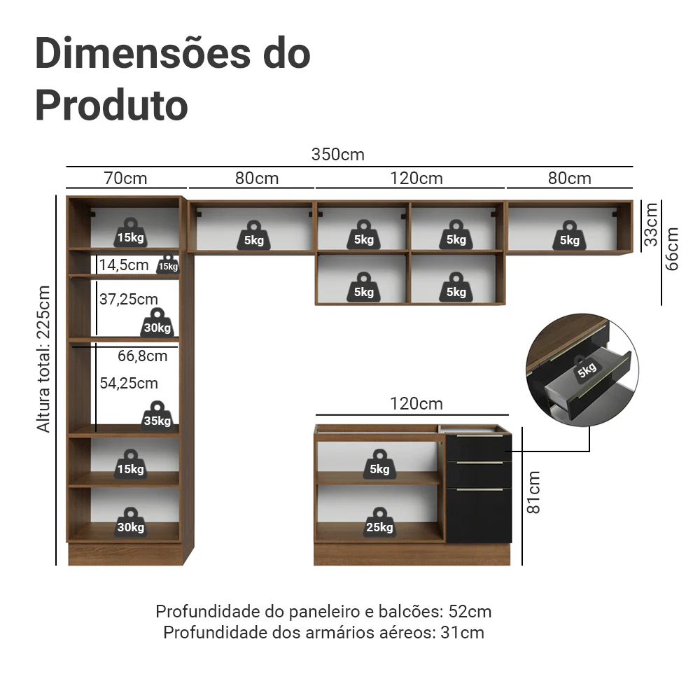 Armário de Cozinha Completa 350 cm Rustic/Preto Lux Madesa 01 - Image 3