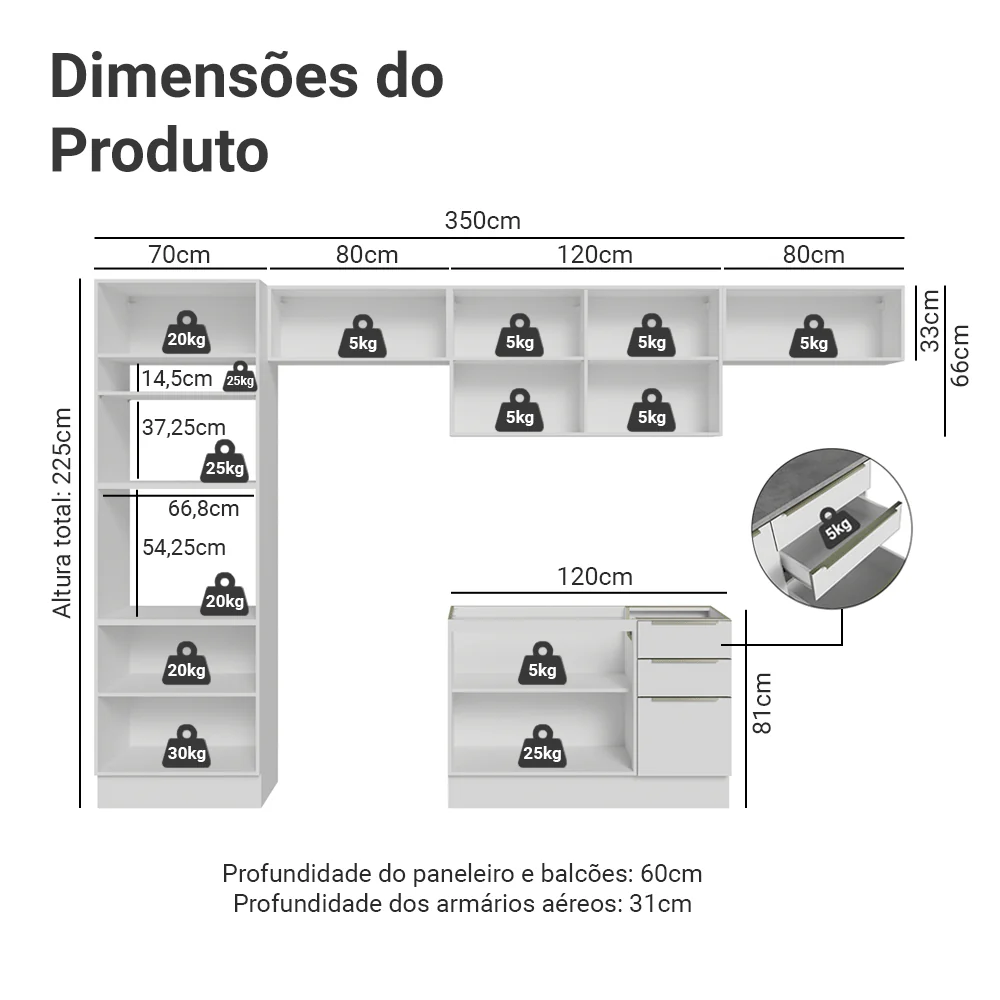 Armário de Cozinha Completa 350 x 60 cm Branco/Branco Veludo Lux Madesa 02 - Image 3