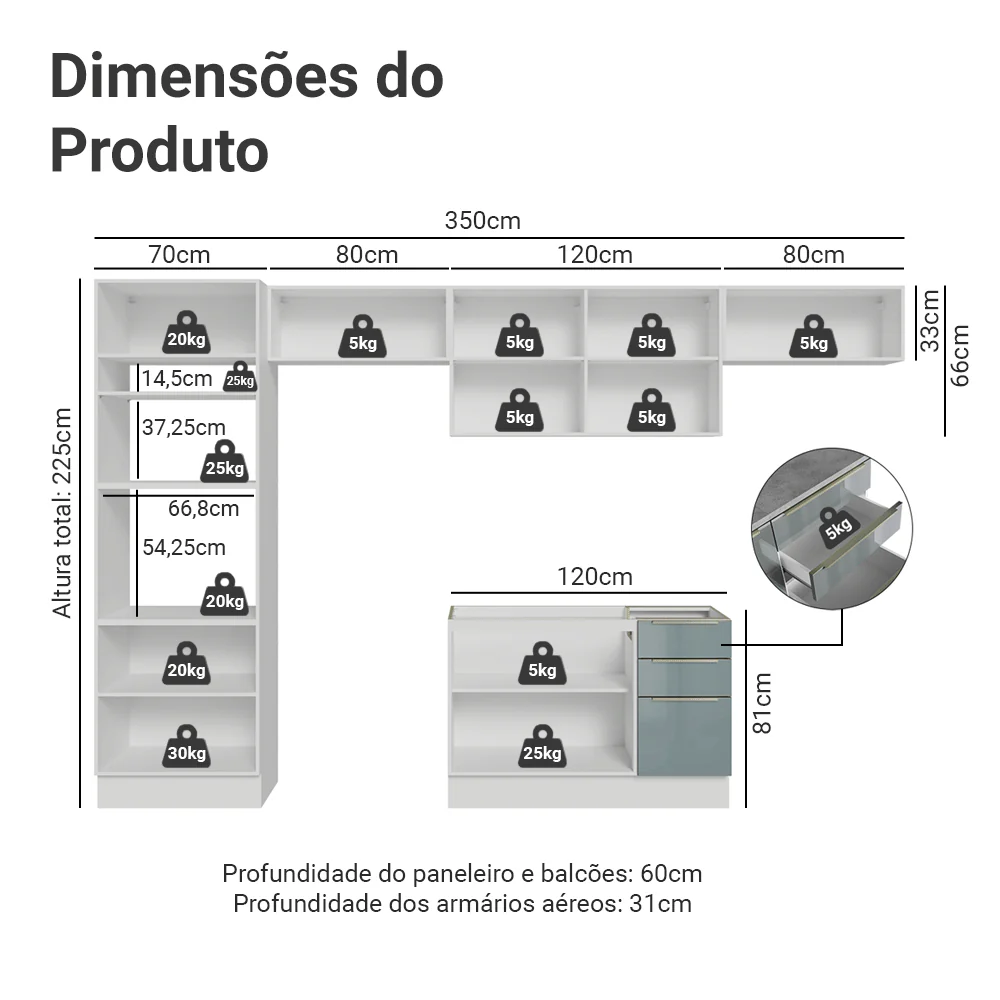 Armário de Cozinha Completa 350 x 60 cm Branco/Cinza Lux Madesa 02 - Image 3
