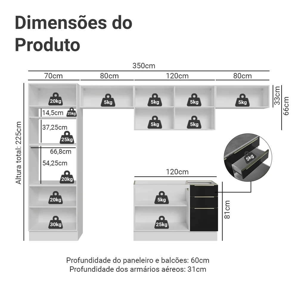 Armário de Cozinha Completa 350 x 60 cm Branco/Preto Lux Madesa 02 - Image 3