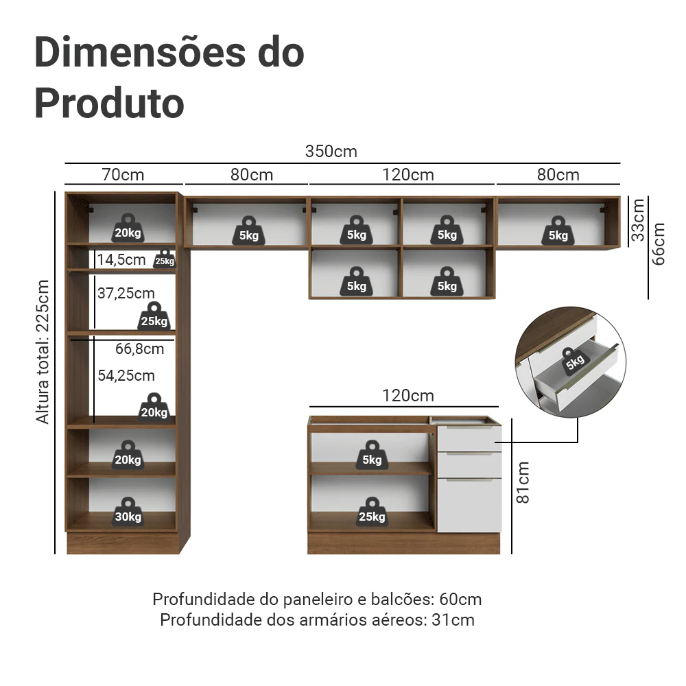 Armário de Cozinha Completa 350 x 60 cm Rustic/Branco Veludo Lux Madesa 02 - Image 3