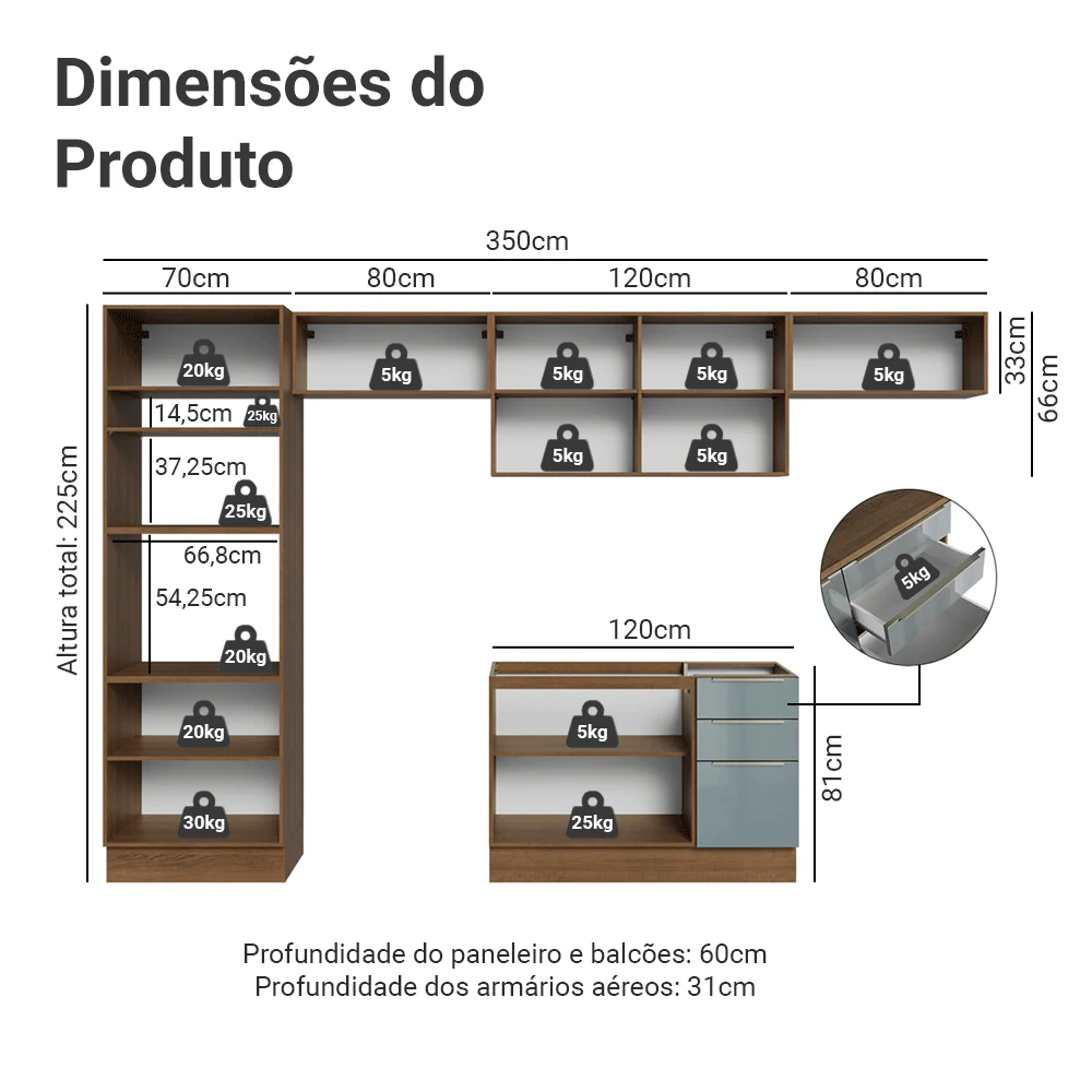 Armário de Cozinha Completa 350 x 60 cm Rustic/Cinza Lux Madesa 02 - Image 3