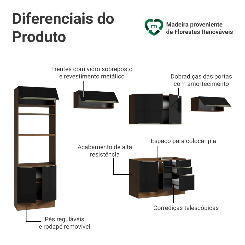 Armário de Cozinha Completa 350 x 60 cm Rustic/Preto Lux Madesa 02 - Image 4