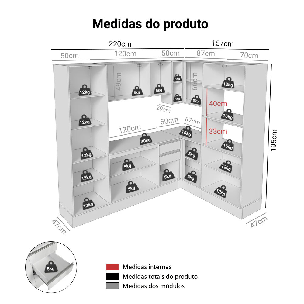 Armário de Cozinha Completa de Canto 100% MDF 377cm Smart Branco Brilhante Madesa 01 - Image 3