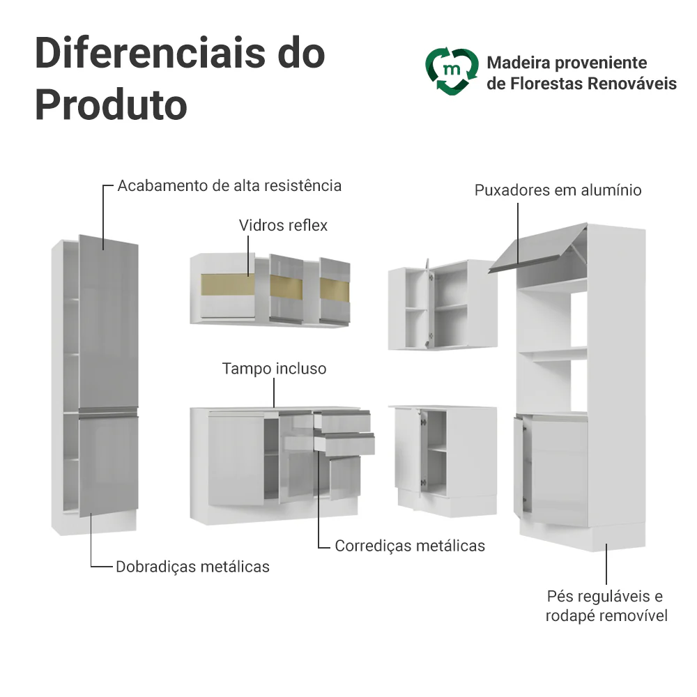 Armário de Cozinha Completa de Canto 100% MDF 377cm Smart Branco Brilhante Madesa 01 - Image 4
