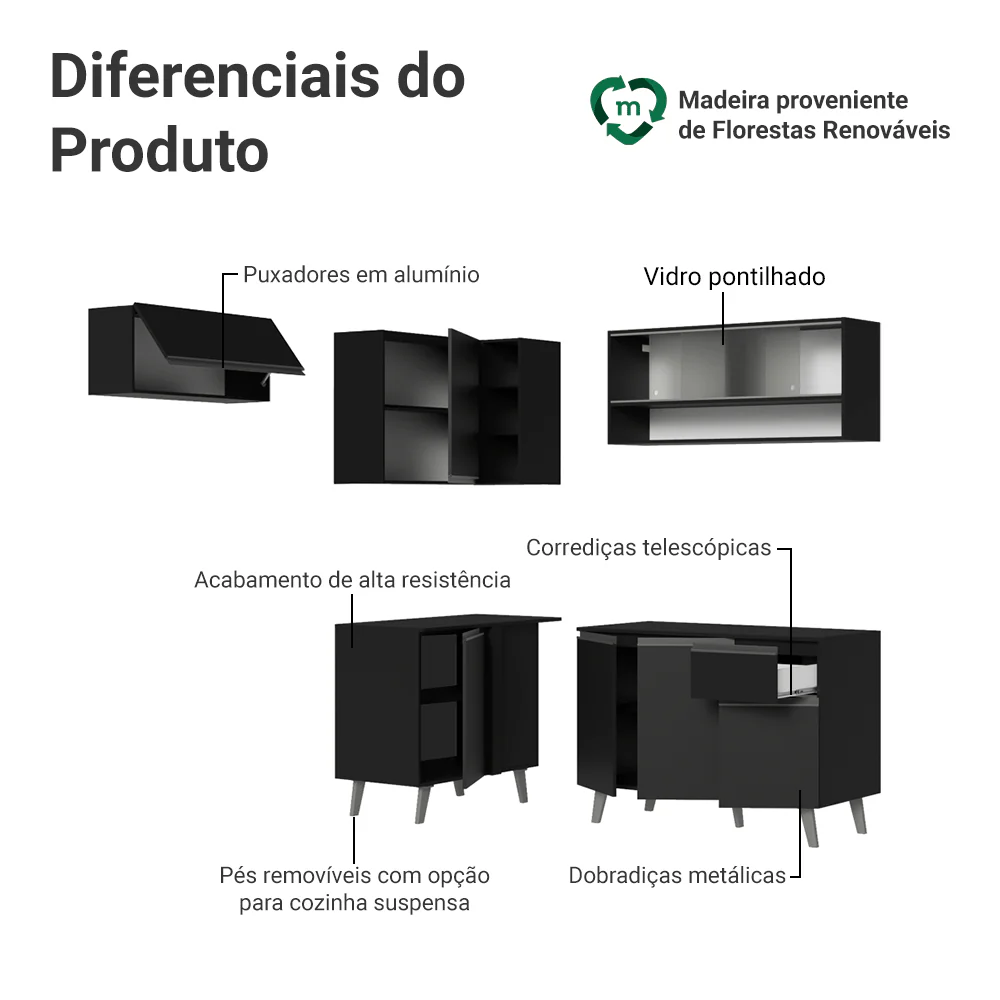 Armário de Cozinha Completa de Canto 325 cm Preto Nice Madesa 03 - Image 4