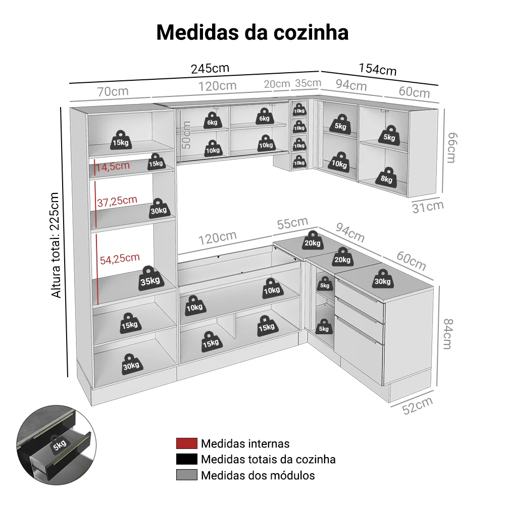 Armário de Cozinha Completa de Canto 399 cm Branco/PretoLux Madesa 01 - Image 3
