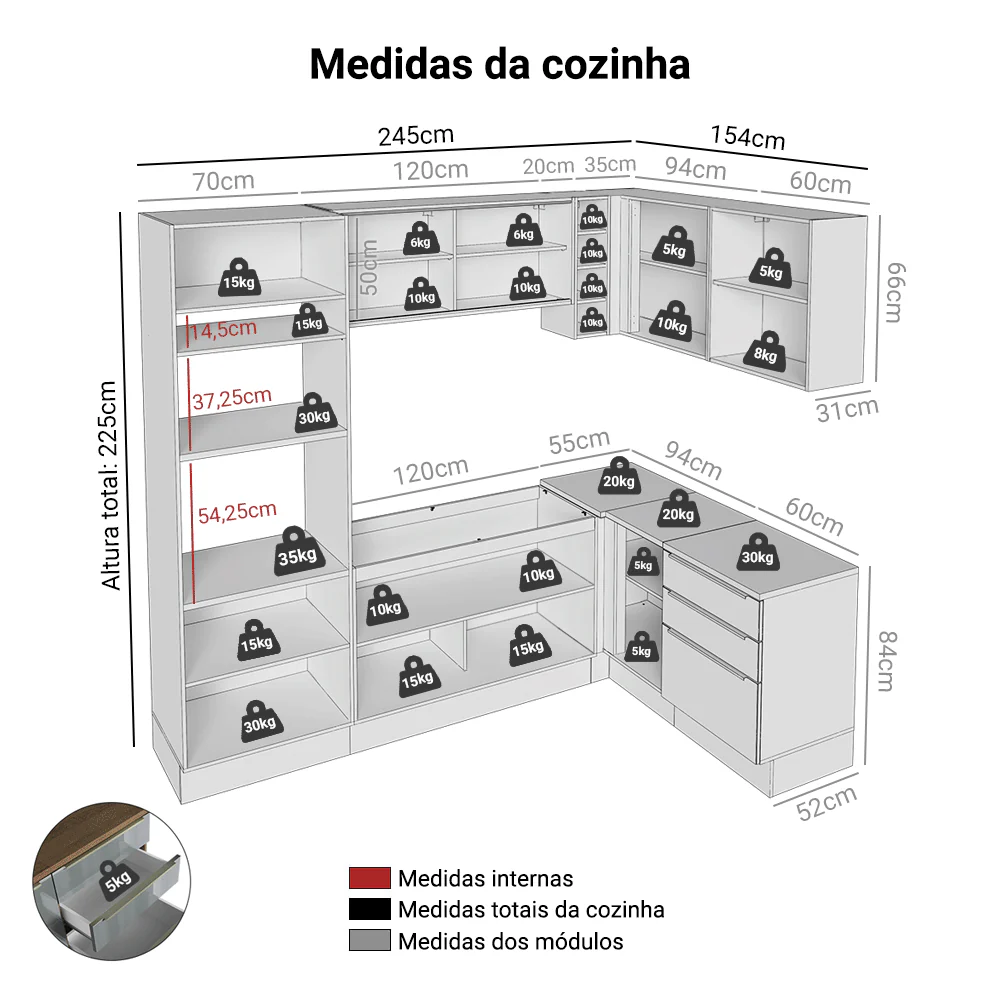 Armário de Cozinha Completa de Canto 399 cm Rustic/Cinza Lux Madesa 01 - Image 3