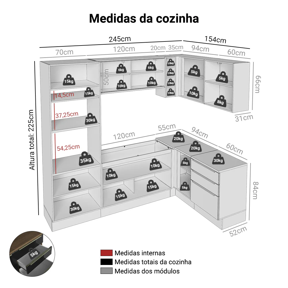 Armário de Cozinha Completa de Canto 399 cm Rustic/Preto Lux Madesa 01 - Image 3