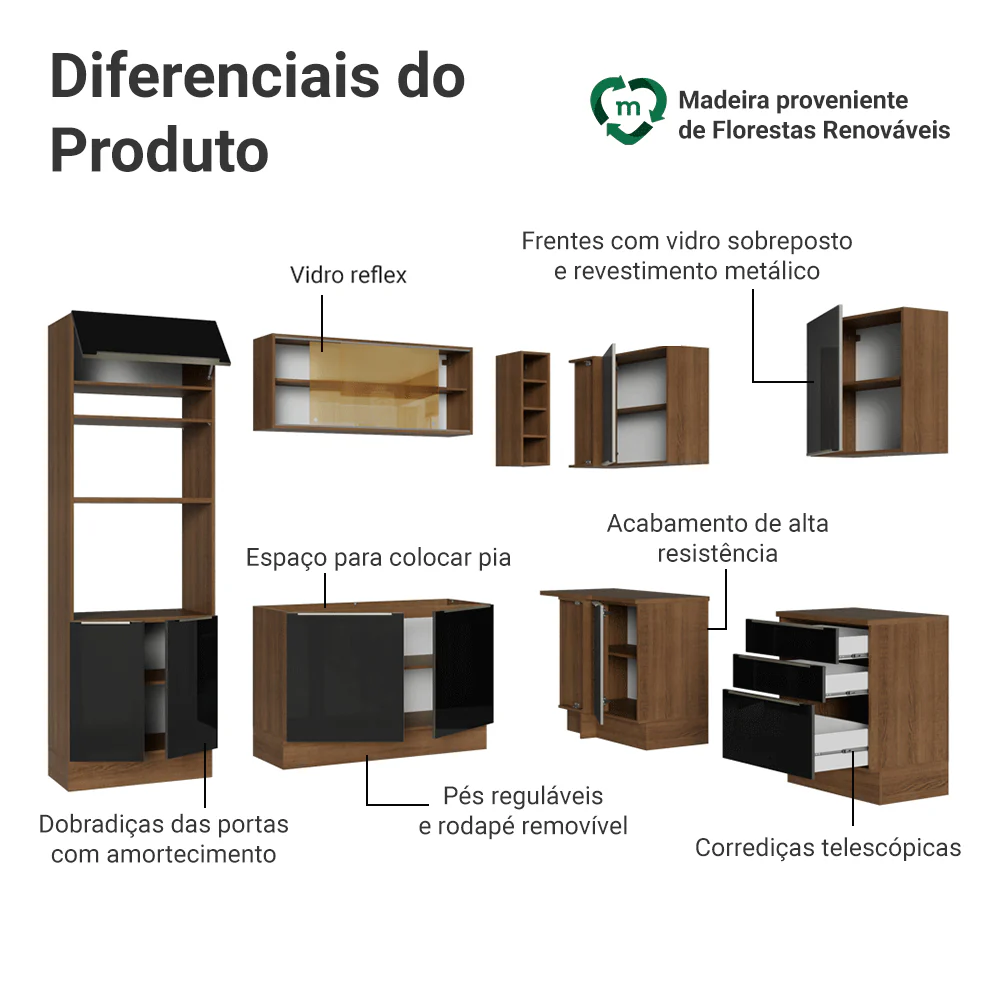 Armário de Cozinha Completa de Canto 399 cm Rustic/Preto Lux Madesa 01 - Image 4
