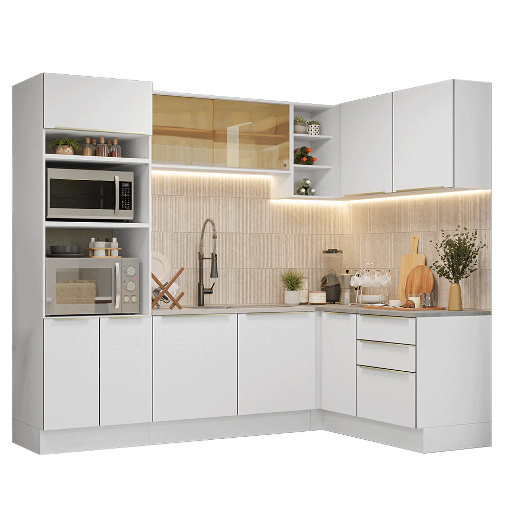 Armário de Cozinha Completa de Canto 416 x 60 cm Branco/Branco Veludo Lux Madesa 01 - Image 2