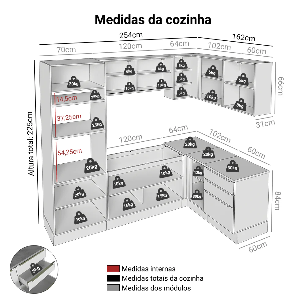 Armário de Cozinha Completa de Canto 416 x 60 cm Branco/Branco Veludo Lux Madesa 01 - Image 3