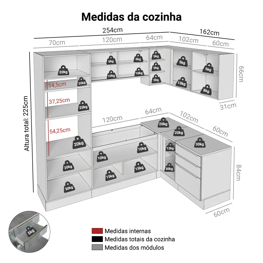 Armário de Cozinha Completa de Canto 416 x 60 cm Branco/Cinza Lux Madesa 01 - Image 3