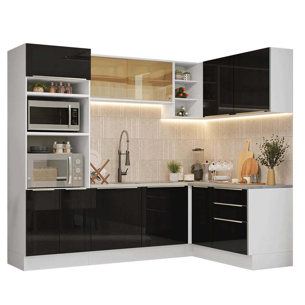 Armário de Cozinha Completa de Canto 416 x 60 cm Branco/Preto Lux Madesa 01 - Image 2