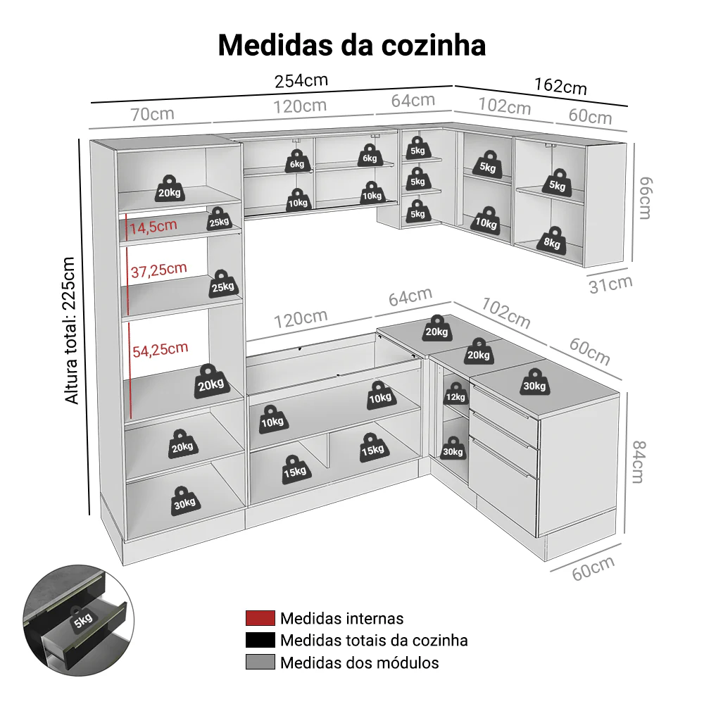 Armário de Cozinha Completa de Canto 416 x 60 cm Branco/Preto Lux Madesa 01 - Image 3