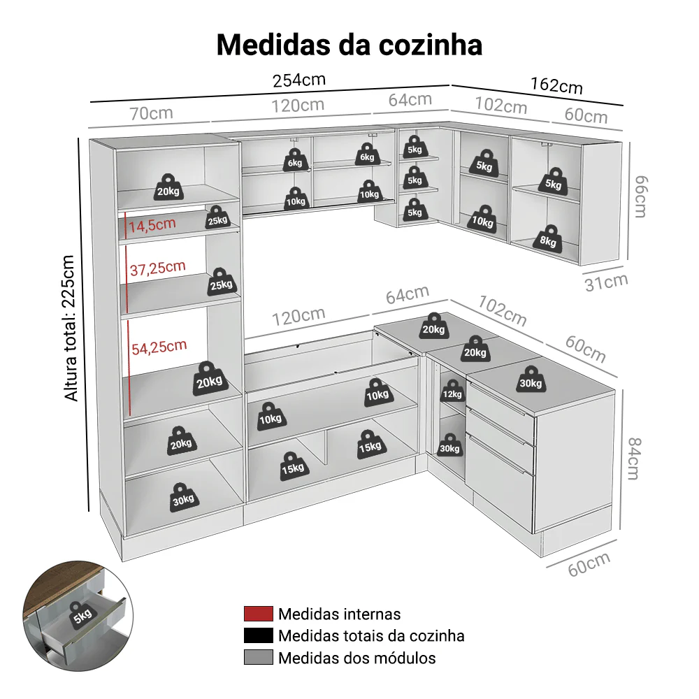 Armário de Cozinha Completa de Canto 416 x 60 cm Rustic/Cinza Lux Madesa 01 - Image 3