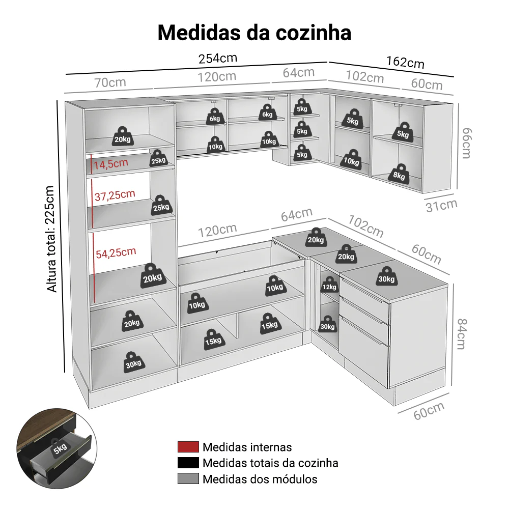 Armário de Cozinha Completa de Canto 416 x 60 cm Rustic/Preto Lux Madesa 01 - Image 3