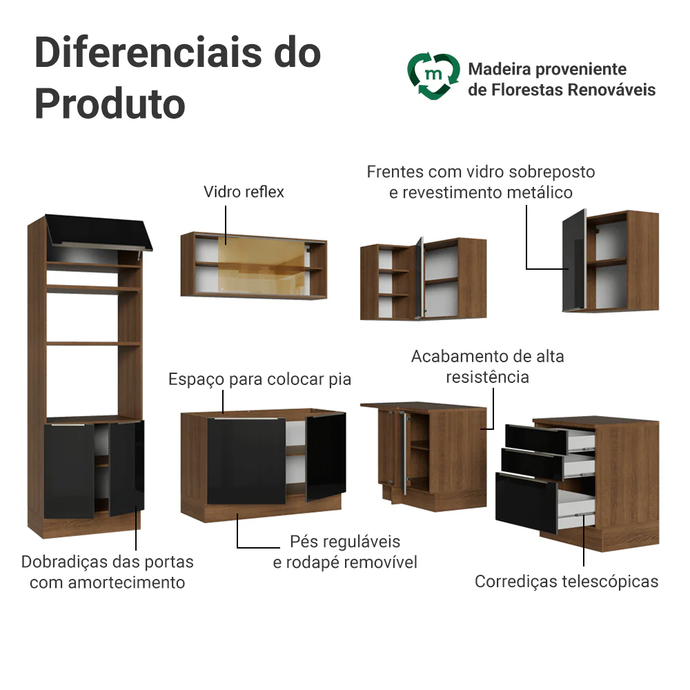 Armário de Cozinha Completa de Canto 416 x 60 cm Rustic/Preto Lux Madesa 01 - Image 4