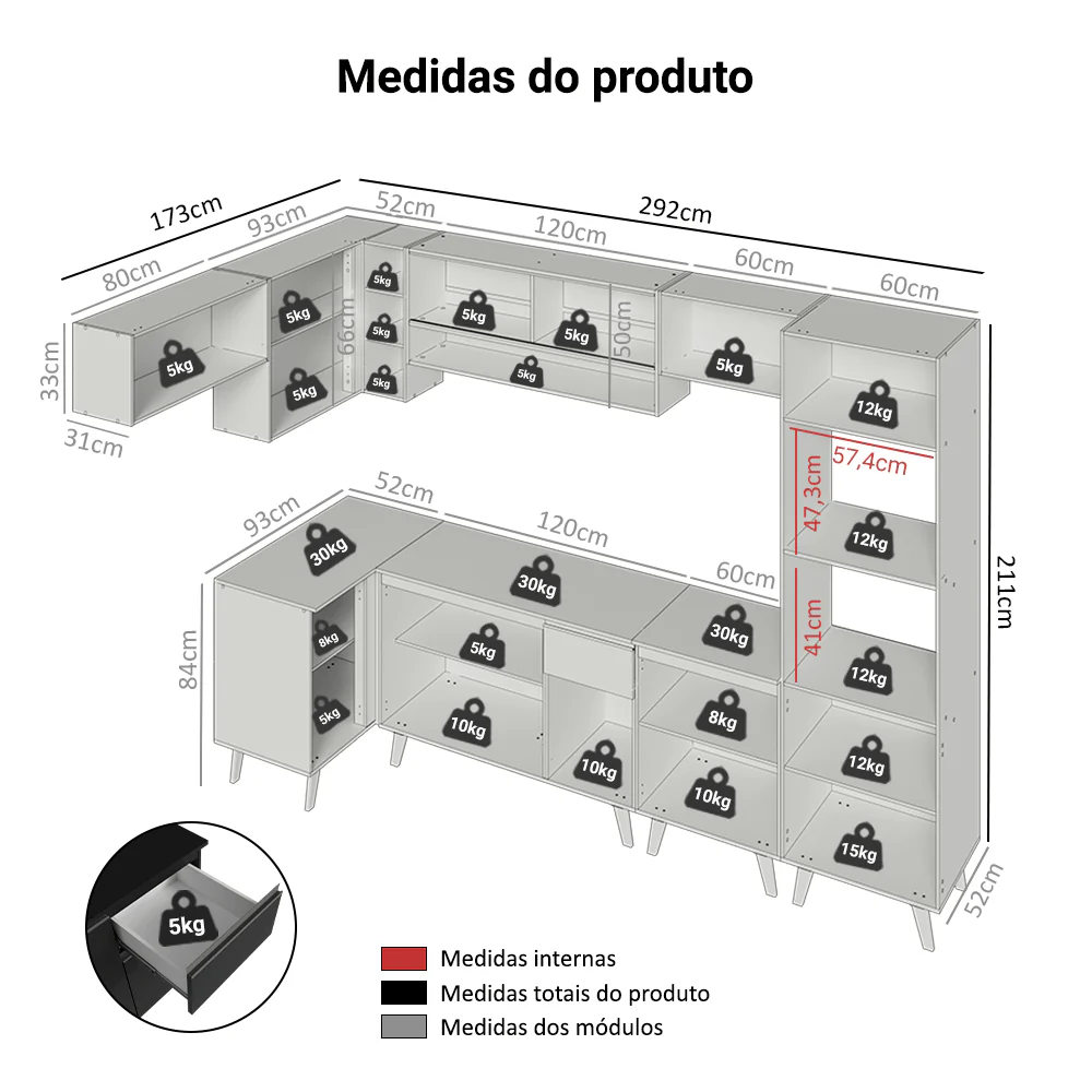 Armário de Cozinha Completa de Canto 465 cm Preto Nice Madesa 04 - Image 3