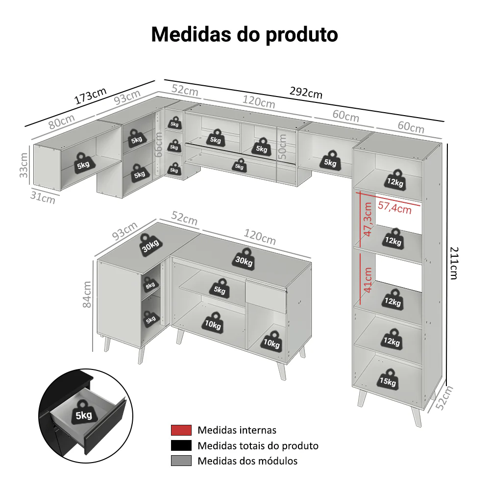 Armário de Cozinha Completa de Canto 465 cm Preto Nice Madesa 09 - Image 3