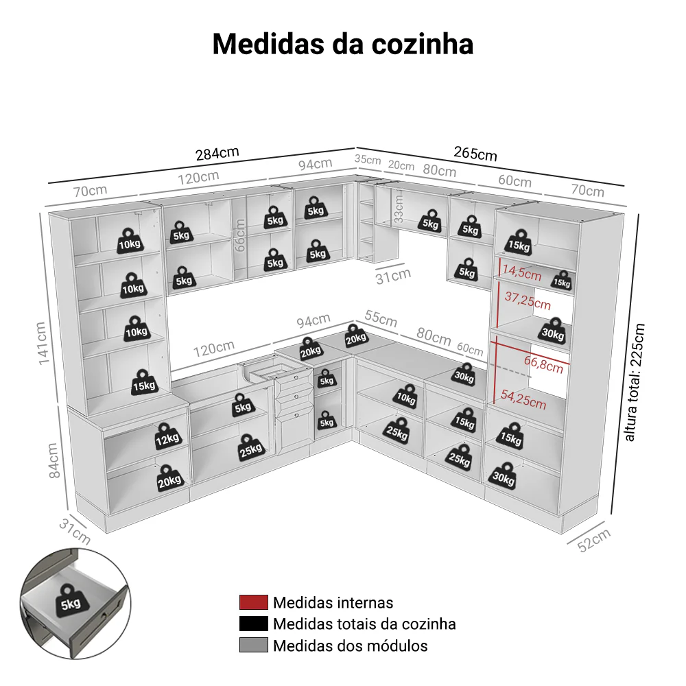 Armário de Cozinha Completa de Canto 549 cm Branco/Cinza Vik Madesa 01 - Image 3