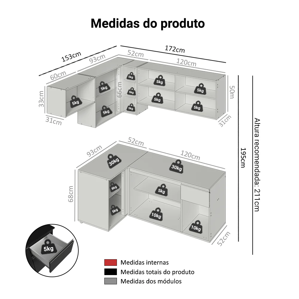 Armário de Cozinha Completa de Canto Suspenso 325 cm Preto Nice Madesa 05 - Image 3