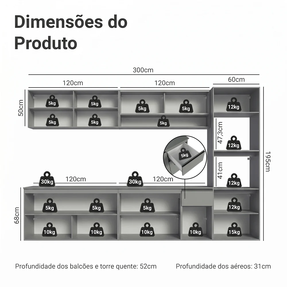 Armário de Cozinha Completa Suspenso 300cm Cinza Nice Madesa 03 - Image 3