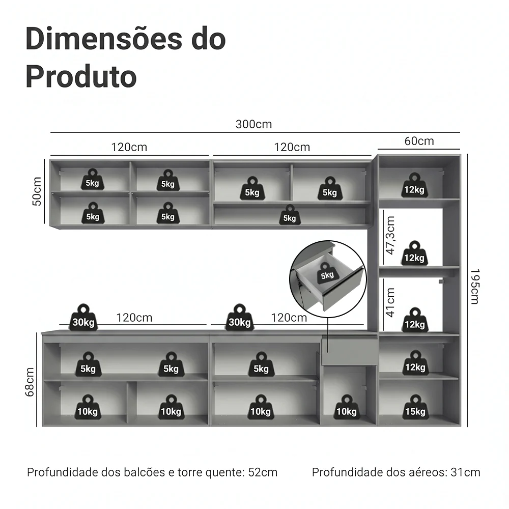 Armário de Cozinha Completa Suspenso 300cm Cinza Nice Madesa 04 - Image 3