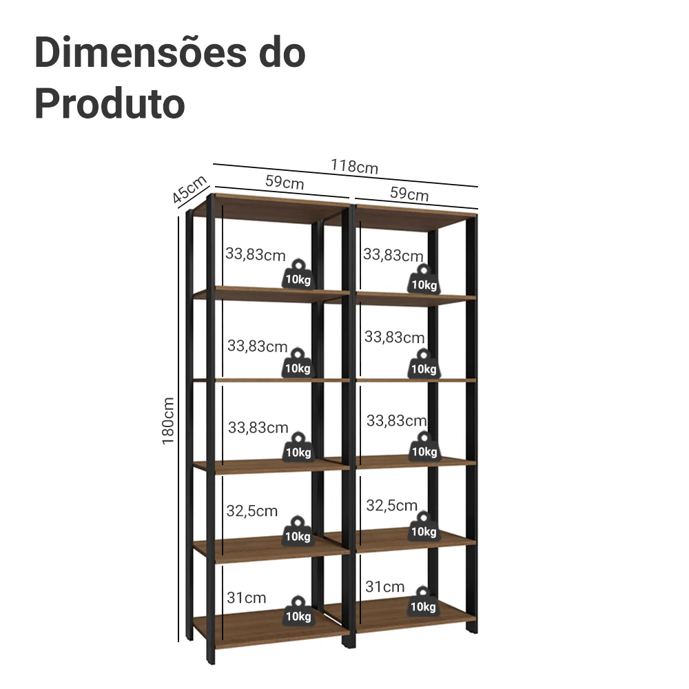 Armário Estante Multiuso Organizador 10 Prateleiras 118cm Rustic/Preto Madesa - Image 5