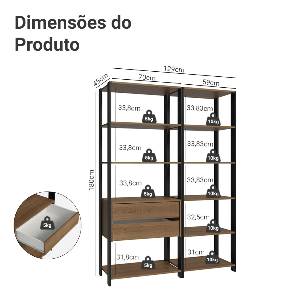 Armário Estante Multiuso Organizador 2 Gavetas 9 Prateleiras 129cm Rustic/Preto Madesa - Image 3