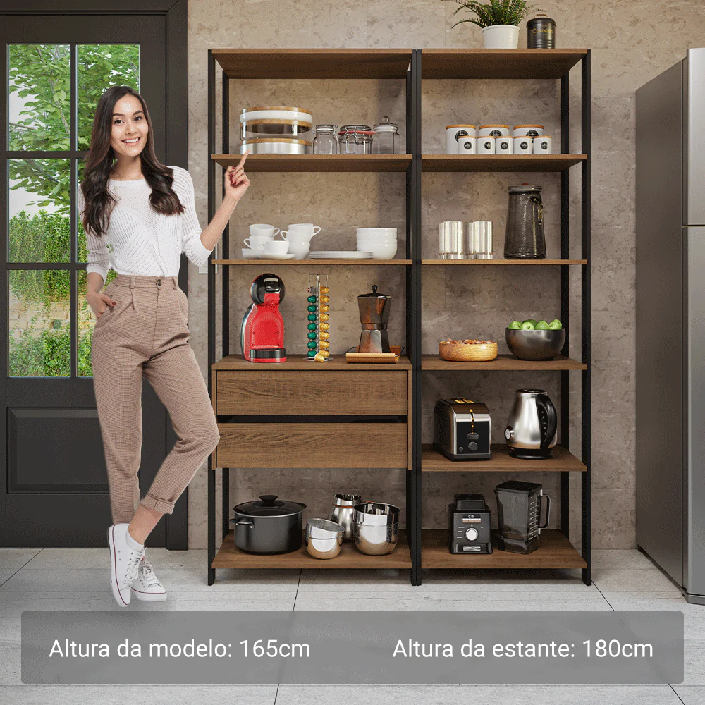Armário Estante Multiuso Organizador 2 Gavetas 9 Prateleiras 129cm Rustic/Preto Madesa - Image 4