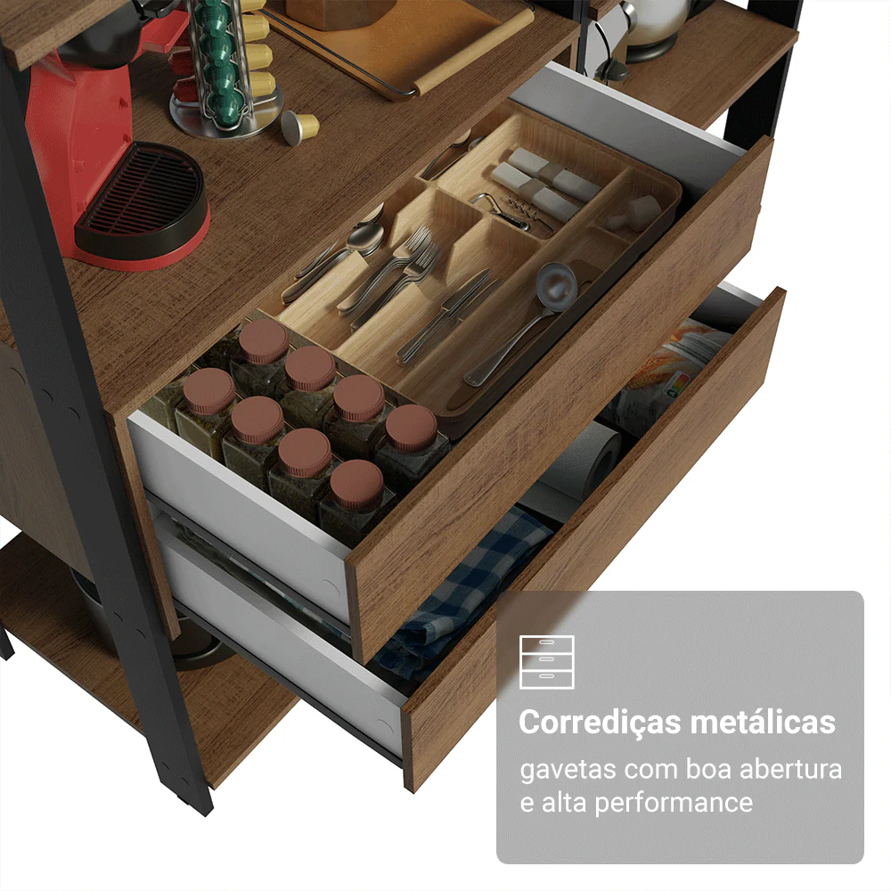 Armário Estante Multiuso Organizador 2 Gavetas 9 Prateleiras 129cm Rustic/Preto Madesa - Image 6