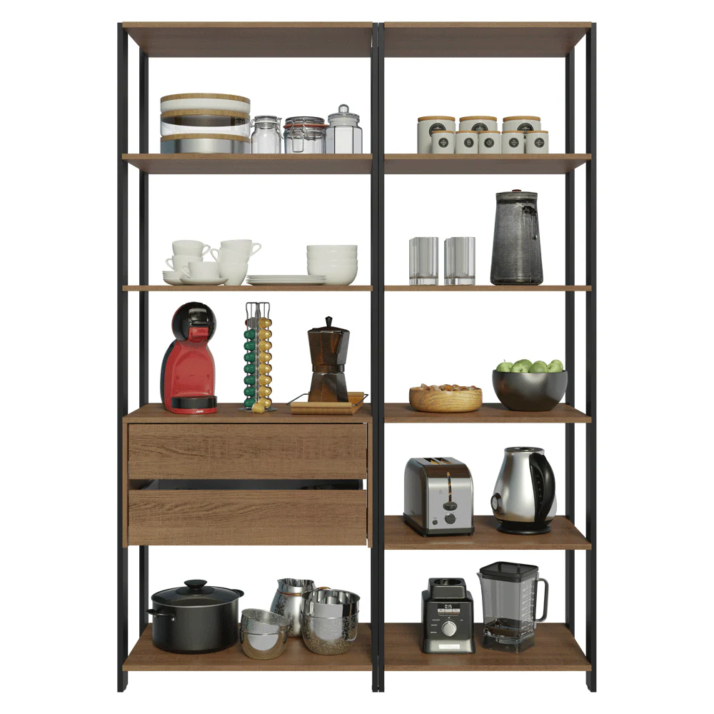 Armário Estante Multiuso Organizador 2 Gavetas 9 Prateleiras 129cm Rustic/Preto Madesa - Image 8