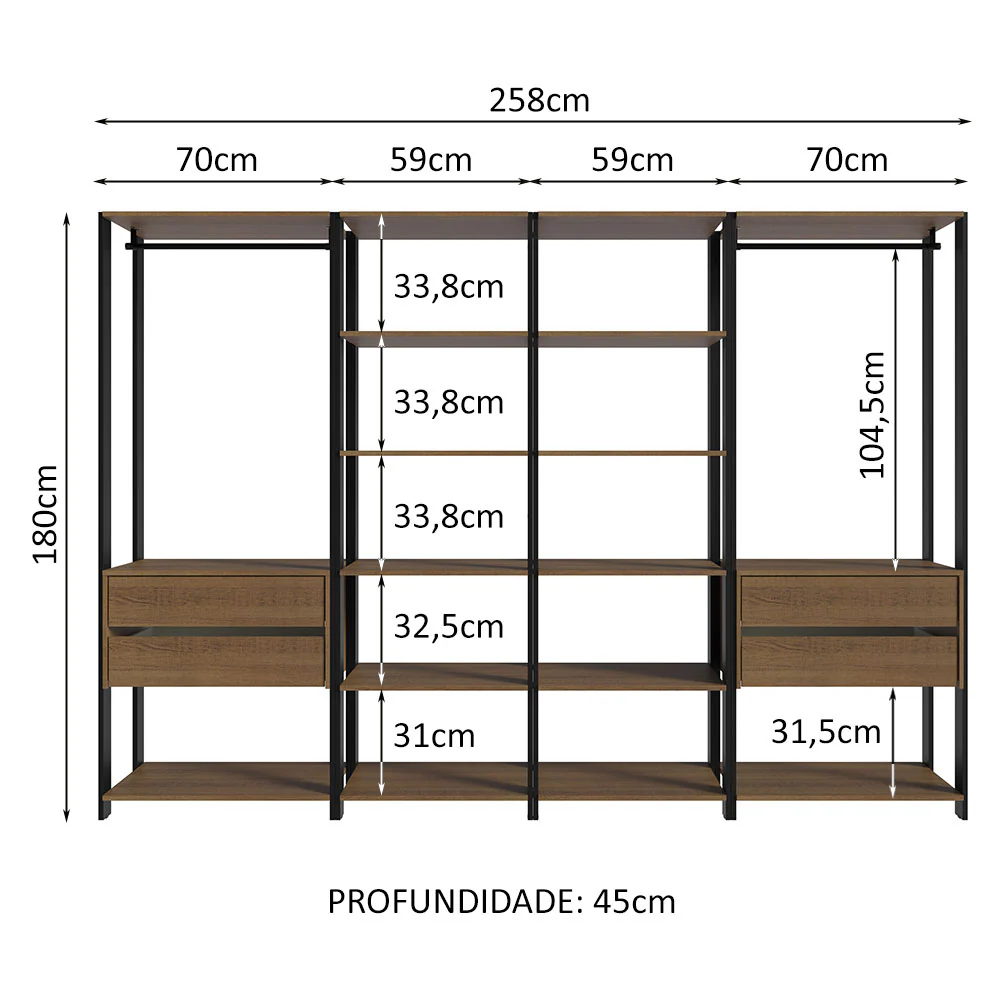 Armário Estante Multiuso Organizador 4 Gavetas 258cm Rustic/Preto Madesa - Image 3
