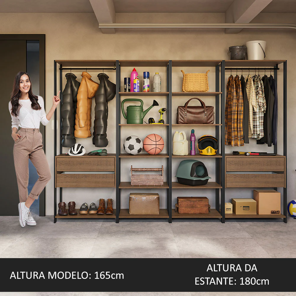 Armário Estante Multiuso Organizador 4 Gavetas 258cm Rustic/Preto Madesa - Image 5