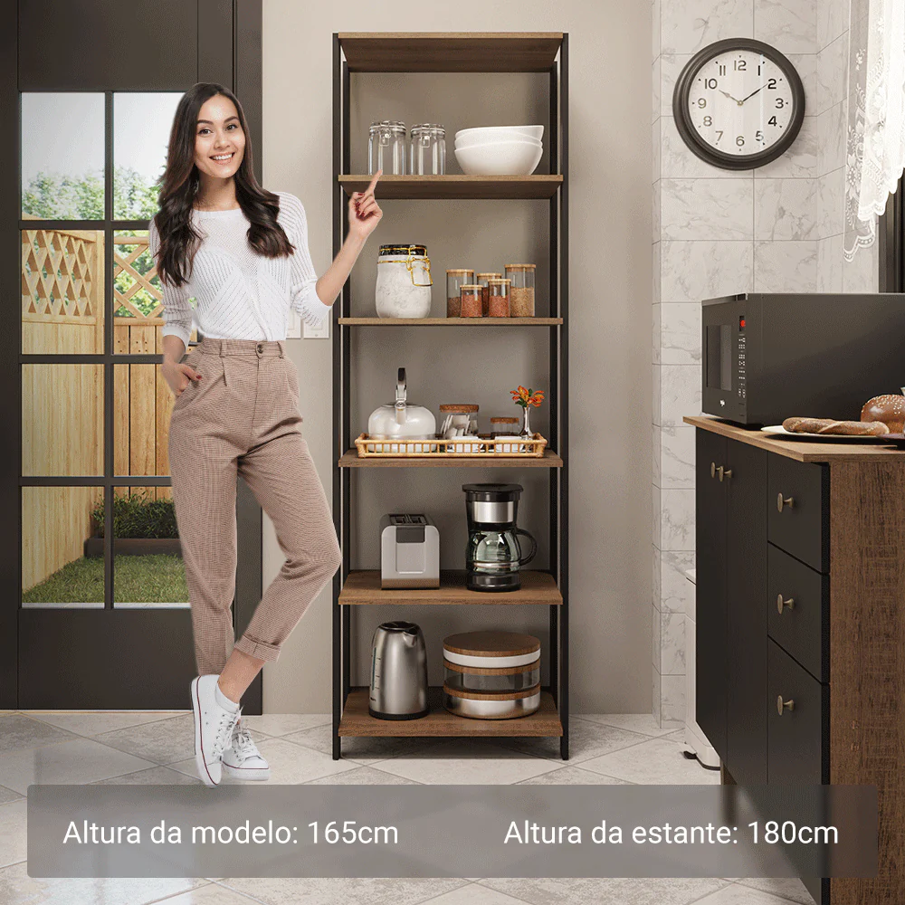 Armário Estante Multiuso Organizador 5 Prateleiras 59cm Rustic/Preto Madesa - Image 4