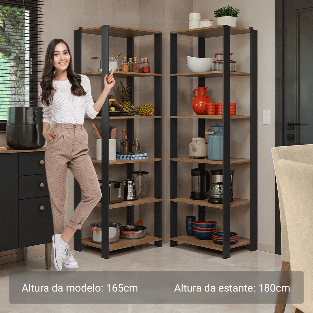 Armário Estante Multiuso Organizador de Canto 10 Prateleiras 118cm Rustic/Preto Madesa - Image 4