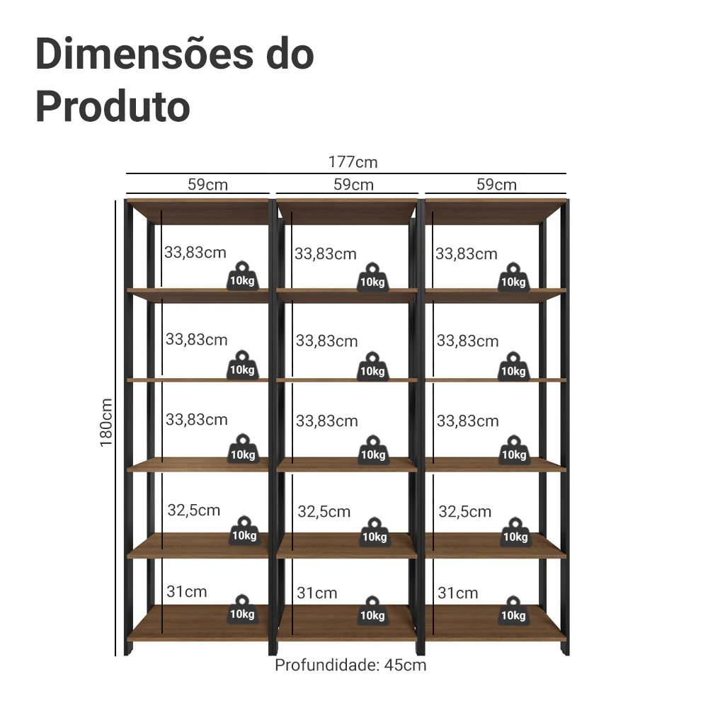 Armário Estante Multiuso Organizador Despensa 15 Prateleiras 177cm Rustic/Preto Madesa - Image 3